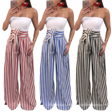 Hot selling printed striped trousers clothing three color wide leg ladies pants